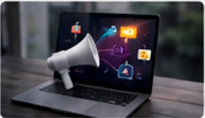 Ordenador y megáfono como símbolo de publicidad digital