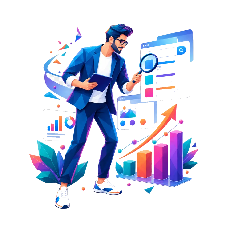 Ilustración de una especialista analizando una estrategia de posicionamiento SEO
