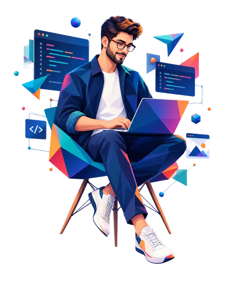 Ilustración de un programador experto trabajando en desarrollo web